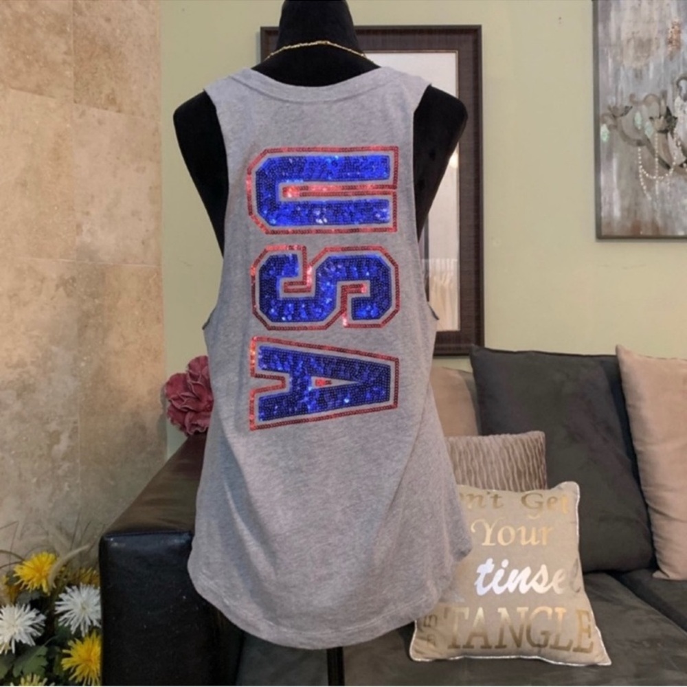 Victorias Secret PINK NWT Gray Sleeveless “USA” Sequin Muscle Tank XS - Picture 5 of 10